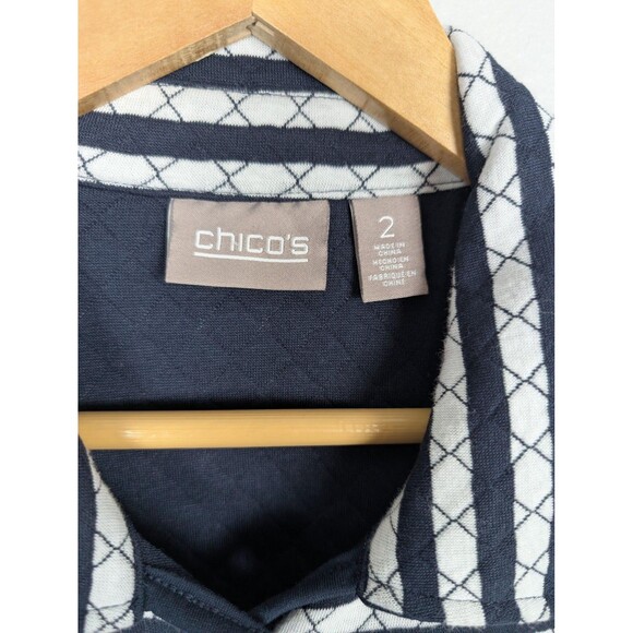Chico's Jacket Womens Large 2 Blue White Striped Quilted Knit Button Front Piped - Picture 3 of 7